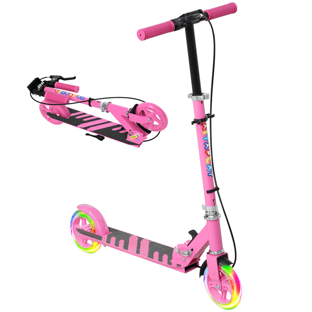AIYAPLAY Scooter for Kids Aged 3-8 Years, with Adjustable Handle, Two Light Up Wheels, Handbrake, Rear Brake, Pink