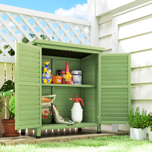 Outsunny Garden Shed Wooden Garden Storage Shed 2 Door Unit Solid Fir Wood Garage Tool Organisation Cabinet, 87L x 46.5W x 96.5Hcm, Green