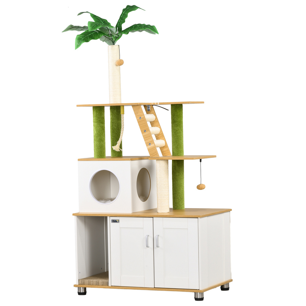 PawHut 2-in-1 Hidden Cat Litter Box, Green Leaf Cat Tree, with House, Ladder, Scratching Posts, Platforms, Indoors -Oak