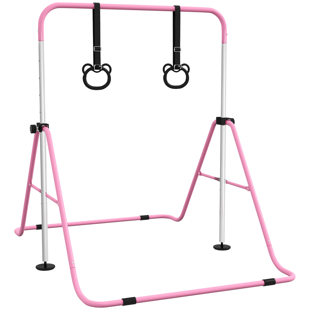HOMCOM Adjustable Height, Foldable Kids Gymnastics Bar w/ Non-slip Rubber Floor Rings, for 3+ Years, Pink