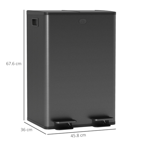 HOMCOM 56L Dual Compartment Stainless Steel Bin, with Deodoriser Holders - Black