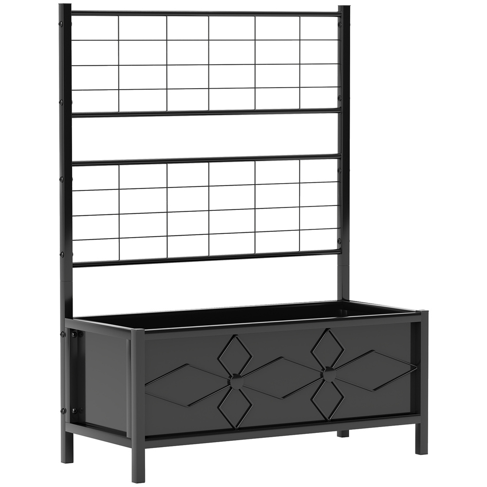 Outsunny Raised Bed for Garden with Trellis, Galvanised Planter Box with Diamond Pattern, Drainage Holes for Vegetables, Herbs and Flowers, 90 x 40 x 120 cm, Black