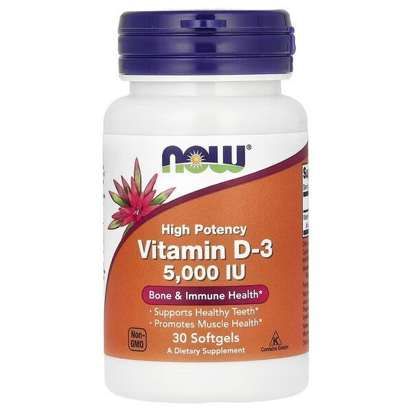 Now Foods Vitamin D-3 5000 IU 120 Wspiera Pracę Mięśni Układu Odpornościowego i Mózgu 30 Kapsułek