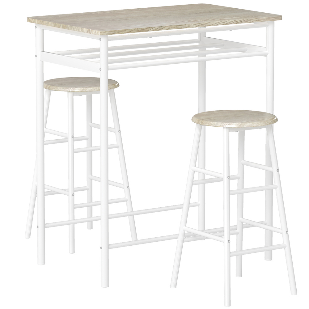 HOMCOM Bar Table Set, Bar Table and Stools Set, Footrest and Storage Shelf, for Kitchen, Dining Room, Pub, Cafe, White and Oak