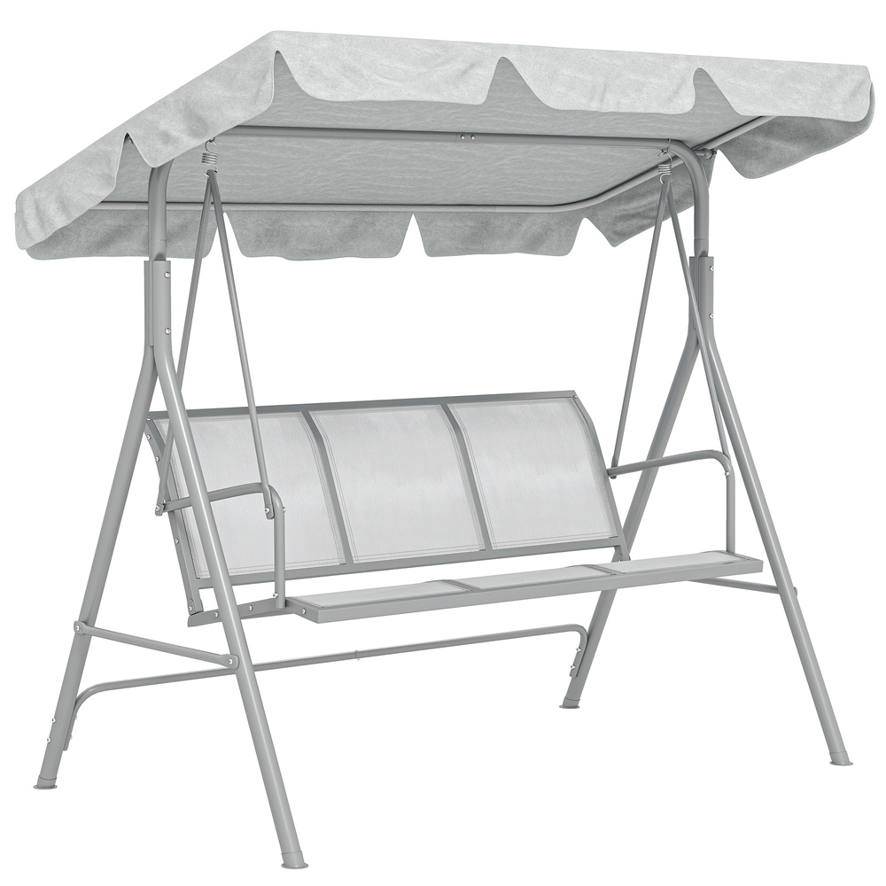 Outsunny Metal Garden Swing Chair, 3-Seater Swing Seat, Patio Hammock Bench Canopy Lounger, Light Grey