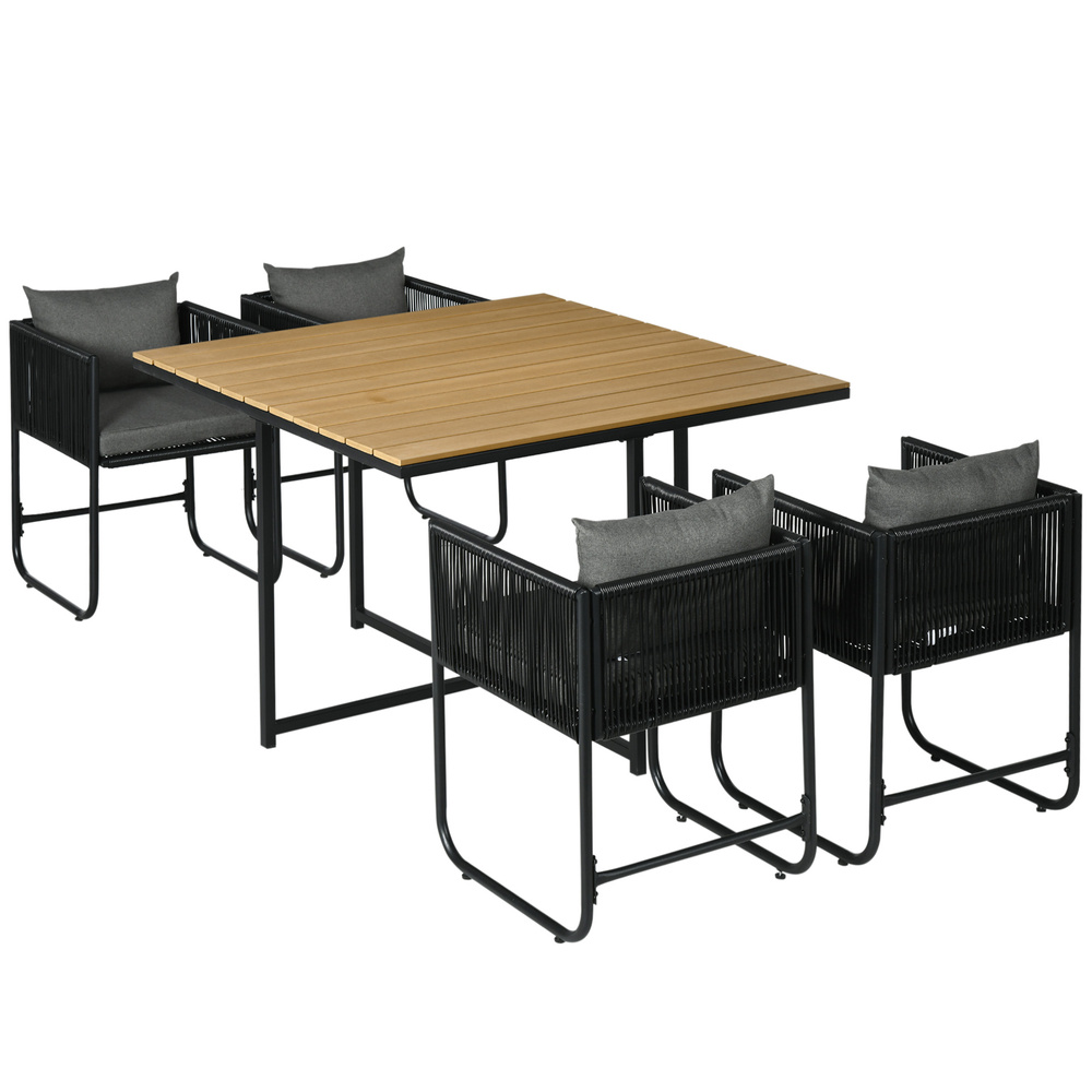 Outsunny 4 Seater Rattan Cube Garden Furniture Set, Rattan Dining Set with Cushions, Outdoor Dining Table and Chairs with Rectangular Wood Grain Plastic Top Table for Patio, Balcony, Black