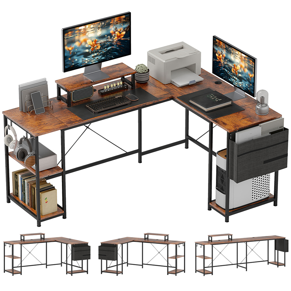 HOMCOM 168cm Reversible L Shaped Desk, Industrial Corner Computer Desk with Adjustable Shelf and Storage Bag, 240cm 2 Person PC Table with Monitor Stand, Rustic Brown