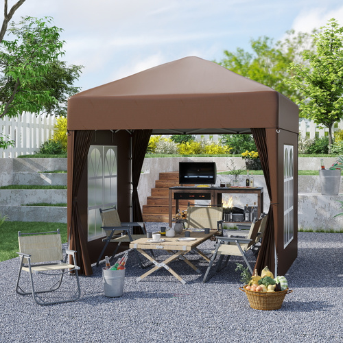 Outsunny 2 x 2 m Garden Pop Up Gazebo, Wedding Party Tent Marquee, Water Resistant Awning Canopy with Sidewalls, Windows, Carry Bag, Coffee