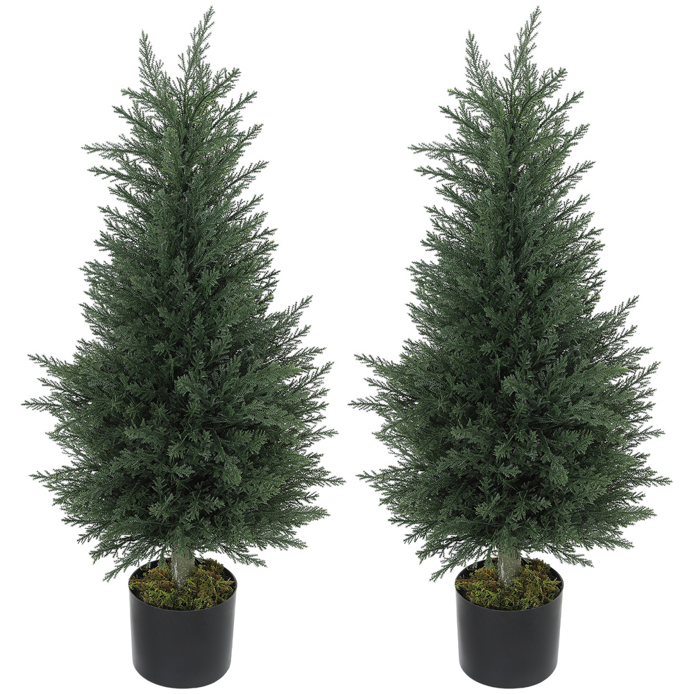 HOMCOM Artificial Plants Outdoor, 90 cm Fake Cypress Tree with Plastic Pots, UV-Resistant Faux Plants for Garden Front Porch Decoration, 2 Pack