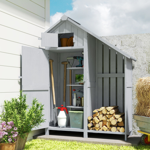 Outsunny Garden Outdoor Storage Shed 3 Shelves Tilt Roof w/ Firewood Rack Log Carrier, 129L x 51.5W x 180H cm
