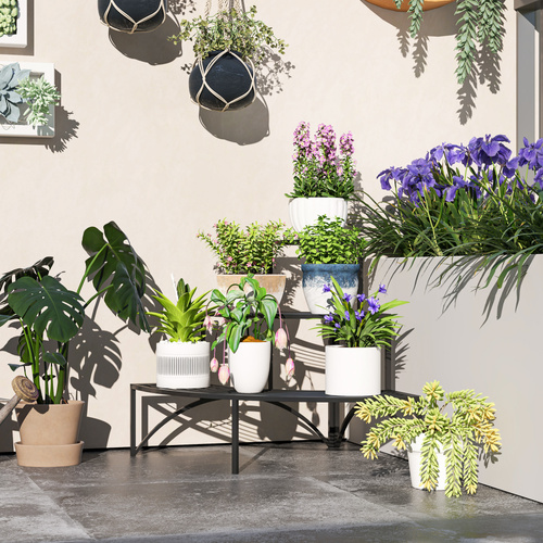 Outsunny Three-Tier Corner Metal Plants Shelves - Black