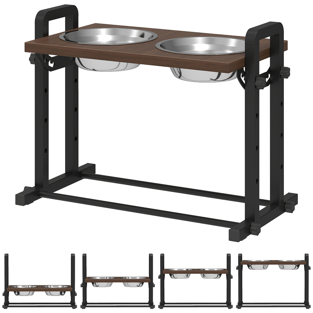 PawHut Raised Dog Bowls with Stand, 4 Heights Adjustable Pet Feeder with 3 Adjustable Angles for Small, Medium & Large Breeds, Brown