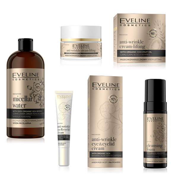 Eveline Organic Gold Zestaw do Pielęgnacji Twarzy Pianka do mycia + Płyn Micelarny + Krem pod Oczy + Krem do Twarzy