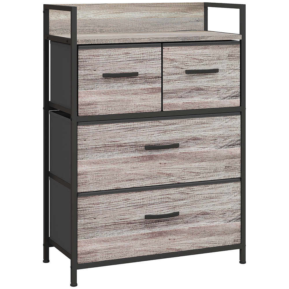 HOMCOM Rustic Chest of Four Fabric Drawers - Grey Wood Effect