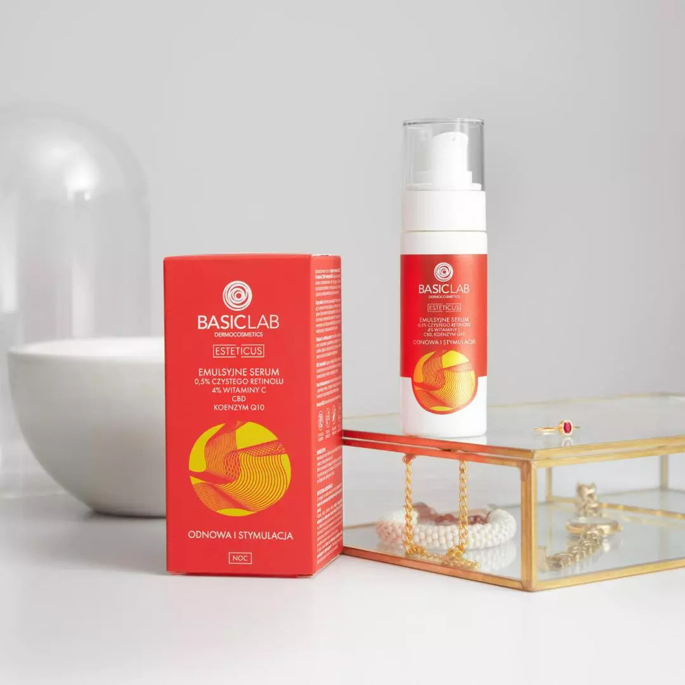 BasicLab Dermocosmetics Emulsyjne Serum z 0,5% Czystego Retinolu, 4% Witaminy C i Koenzymem Q10 - Odnowa i Stymulacja - 30 ml