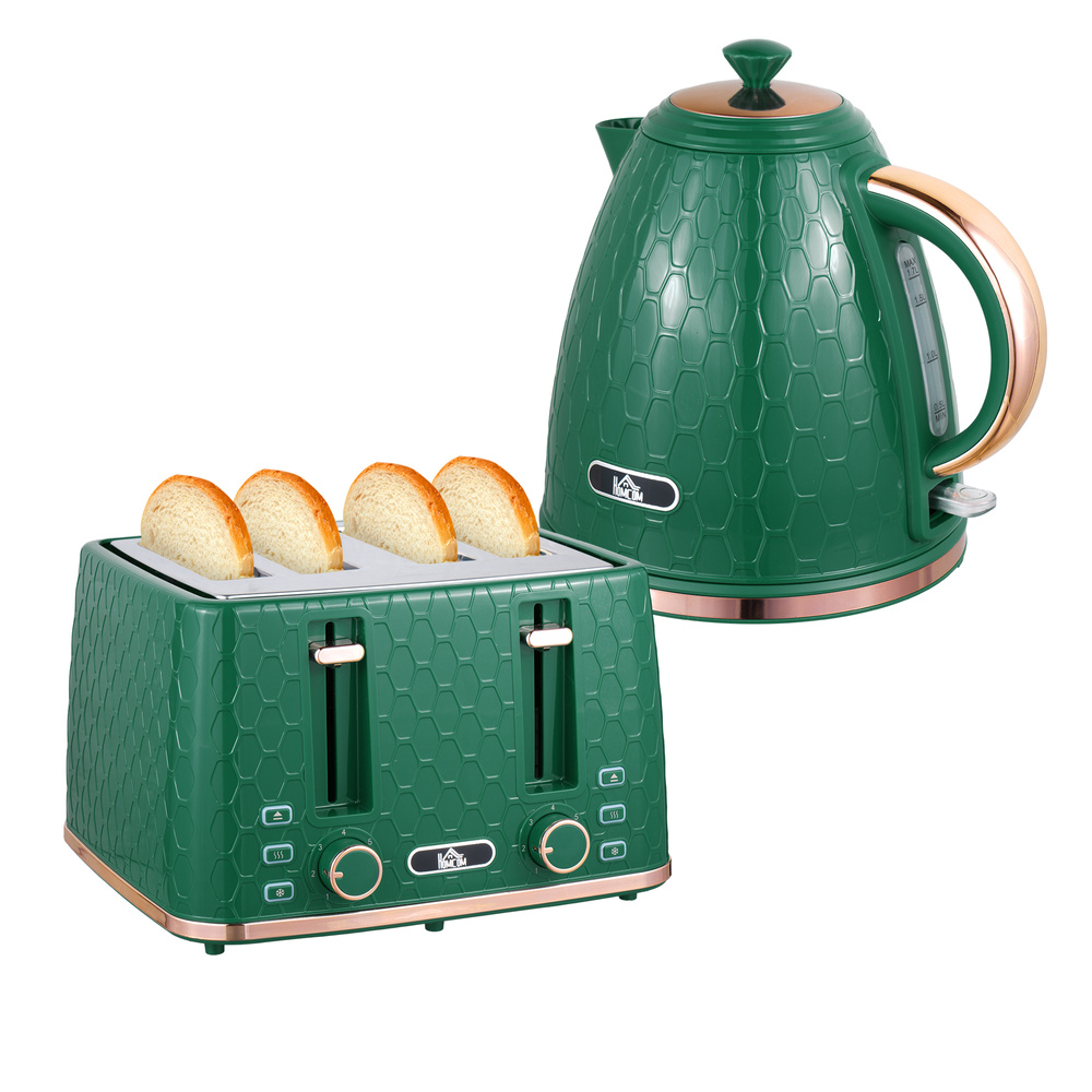 HOMCOM Kettle and Toaster Set, 1.7L 3000W Fast Boil Jug Kettle with Auto Shut Off, 4 Slice Toaster with 7 Level Browning Controls & Crumb Tray, UK Otter Thermostat, Green