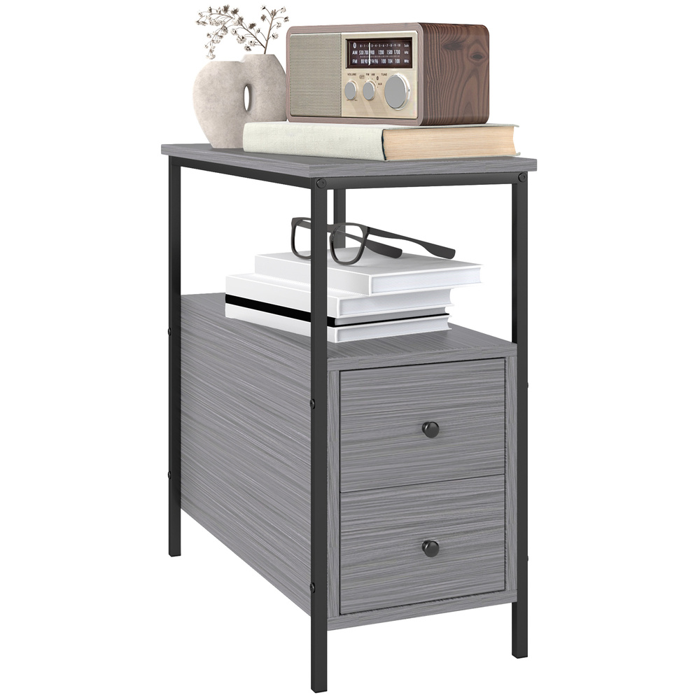 HOMCOM Side Table, Narrow Bedside Table with 2 Drawers and Storage Shelf, Industrial End Table with Metal Frame for Small Spaces, Grey Wood Grain