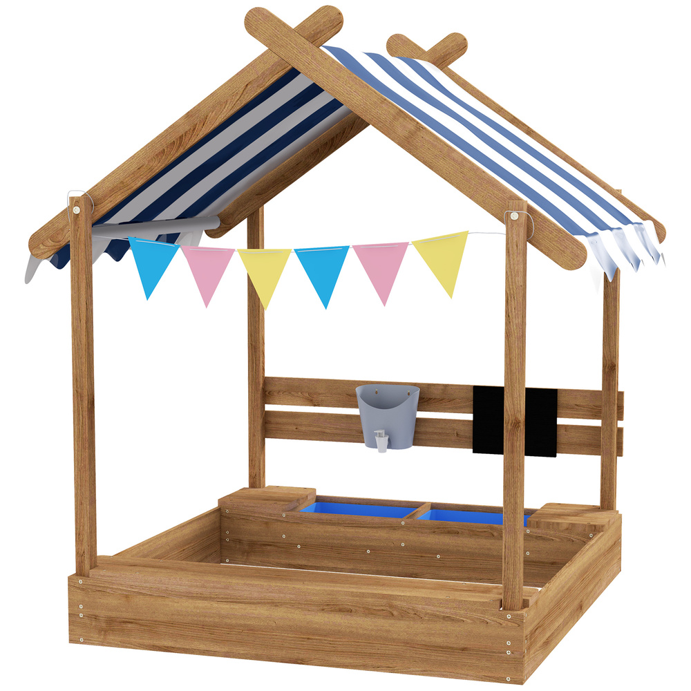 Outsunny House-Designed Wooden Sandbox, Outdoor Sandpit, with Blackboard, Toys, Sink, Seats, Flags, for Ages 3-7 Years - Brown