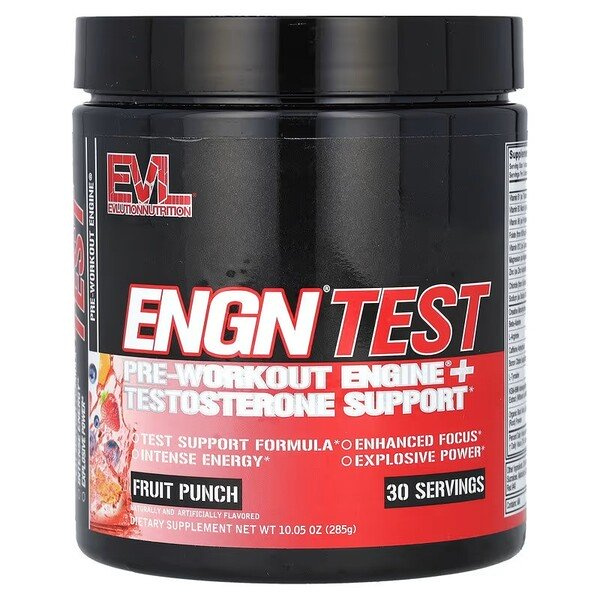 EVLution Nutrition ENGN Test Pre-Workout Testosterone Support Formula for Strength and Focus Fruit Punch 285g