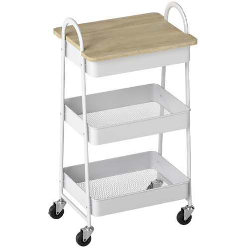 HOMCOM 3-Tier Kitchen Storage Trolley with on Wheels Cover Top Board - White and Oak