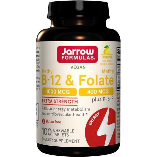 Jarrow Formulas Methyl B-12 and Methyl Folate with P-5-P Lemon Flavour for Energy and Nervous System Support 100 Chewable Tablets