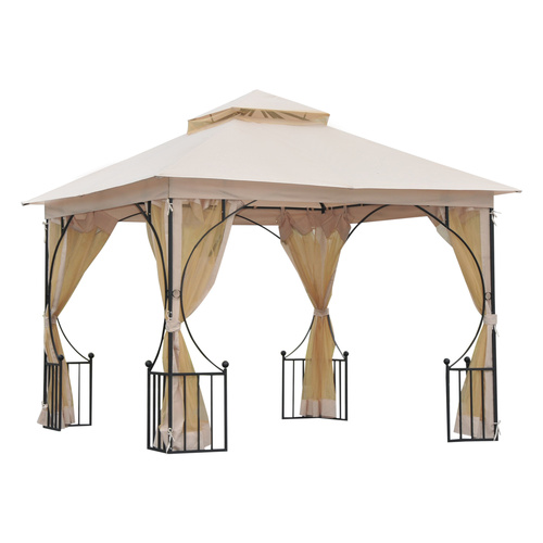 Outsunny 3 x 3(m) Garden Gazebo Patio Party Tent Shelter Outdoor Canopy Double Tier Sun Shade Metal Frame Netting, Beige