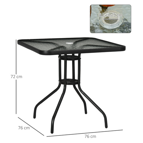 Outsunny Square Garden Dining Table with Tempered Glass Top & Umbrella Hole, 76 x 76 cm