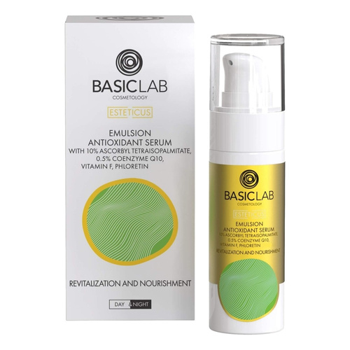 BasicLab Cosmetology Antioxidant Emulsion Serum with 10% Ascorbyl Tetraisopalmitate Revitalization and Nourishment for Dry Combination and Problematic Skin Day and Night 30ml
