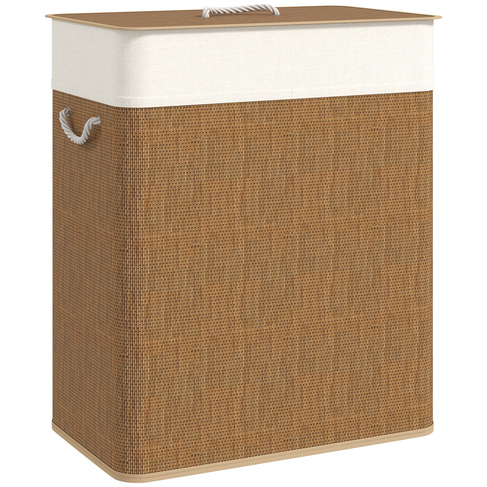 HOMCOM Double Laundry Basket with Lid, 100L Bamboo Laundry Hamper with Rope Handles, Washing Basket with Removable Liner for Bathroom, Bedroom, Brown