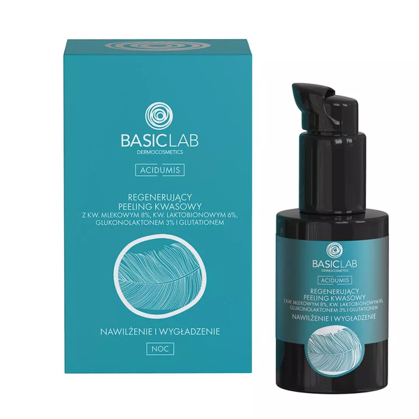 BasicLab Zaawansowany Regenerujący Peeling Kwasowy z 8% Kwasem Mlekowym, 6% Kwasem Laktobionowym i 3% Glukonolaktonem - Przeciwstarzeniowe Nawilżanie, 30 ml