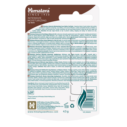 Himalaya Intensive Moisturizing Cocoa Butter Intensywnie Nawilżający Balsam do Ust z Masłem Kakaowym 4.5g