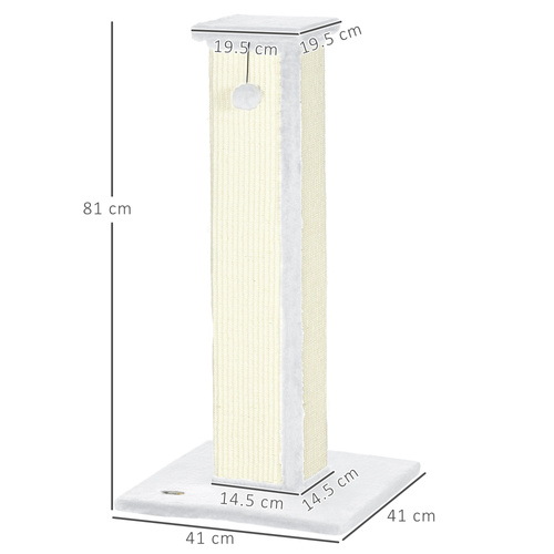 PawHut 81cm Cat Scratcher, Vertical Full Scratcher w/ Natural Sisal Rope, Hanging Ball, Soft Plush - White