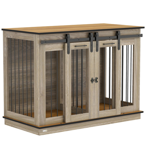 PawHut Dog Crate Furniture for Large Dogs, Double Dog Cage for Small Dogs, with Sliding Doors - Oak Tone