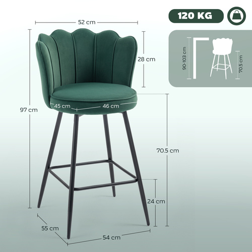 HOMCOM Set of Two Velvet-Feel Lotus Bar Stools - Dark Green