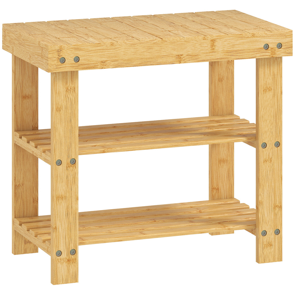 HOMCOM Two Shelf Bamboo Shoe Storage Bench - Natural Finish