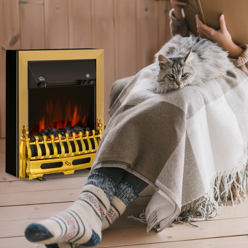 HOMCOM Contemporary Electric Fireplace Coal Burning Flame Effect Inset Fire Place Space Heater Glass View LED Lighting, 1000W/2000W, Golden