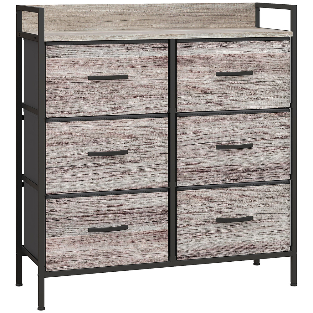 HOMCOM Rustic Chest of Six Fabric Drawers - Grey Wood Effect