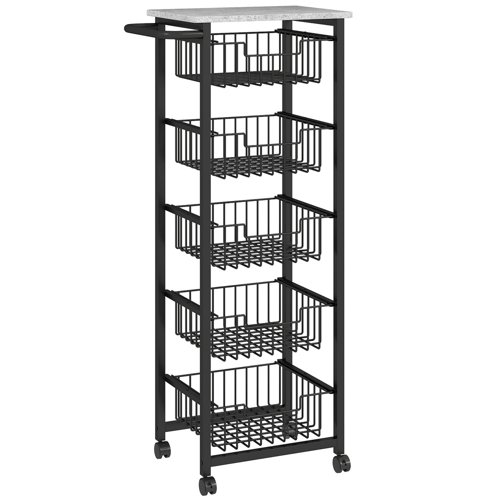 HOMCOM Five Basket Mobile Kitchen Island, with Brakes - Grey/Black