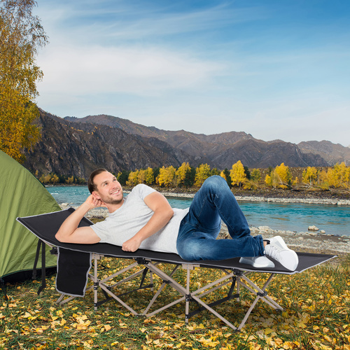 Outsunny Single Person Camping Bed Folding Cot Outdoor Patio Portable Military Sleeping Bed Travel Guest Leisure Fishing with Side Pocket and Carry Bag - Black
