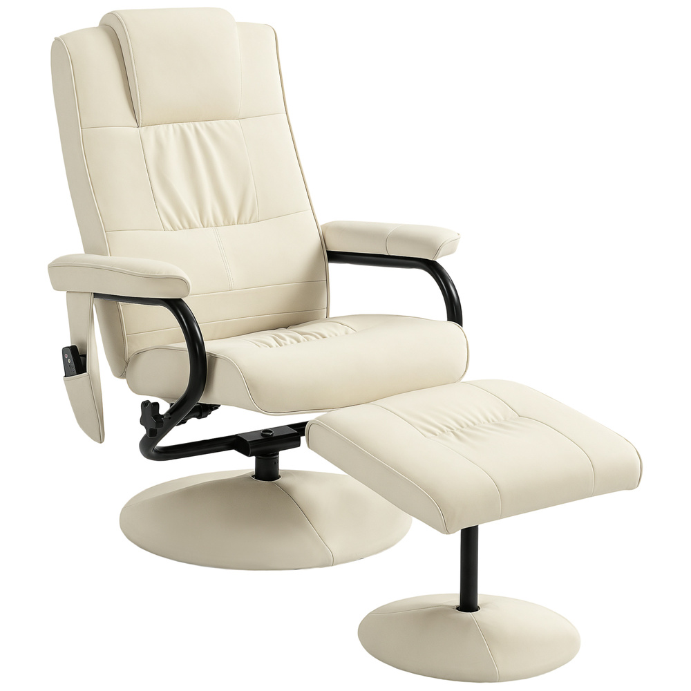HOMCOM Swivel Recliner Chair and Footstool, Faux Leather Massage Recliner Armchair with Remote Control and Round Wrapped Base, Cream White