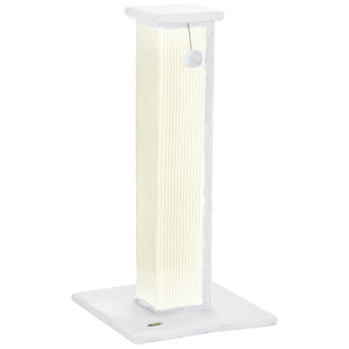 PawHut 81cm Cat Scratcher, Vertical Full Scratcher w/ Natural Sisal Rope, Hanging Ball, Soft Plush - White