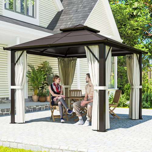 Outsunny 3 x 3(m) Hardtop Gazebo Canopy with UPF30+ Double Polycarbonate Roof, Aluminium Frame Garden Gazebo Permanent Pavilion with Mosquito Netting and Curtains for Patio, Deck, Beige