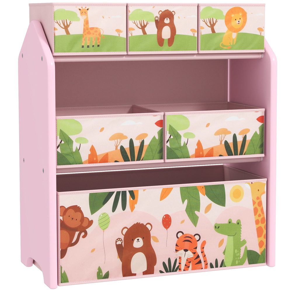 AIYAPLAY 3-Tier Kids Toy Storage Unit with 6 Removable Storage Boxes, for Playroom, Bedroom, Children's Room, Nursery, Pink