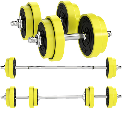 HOMCOM 20KGS 2-In-1 Dumbbell & Barbell Adjustable Set Strength Muscle Exercise Fitness Plate Bar Clamp Rod Home Gym Sports Area, Yellow