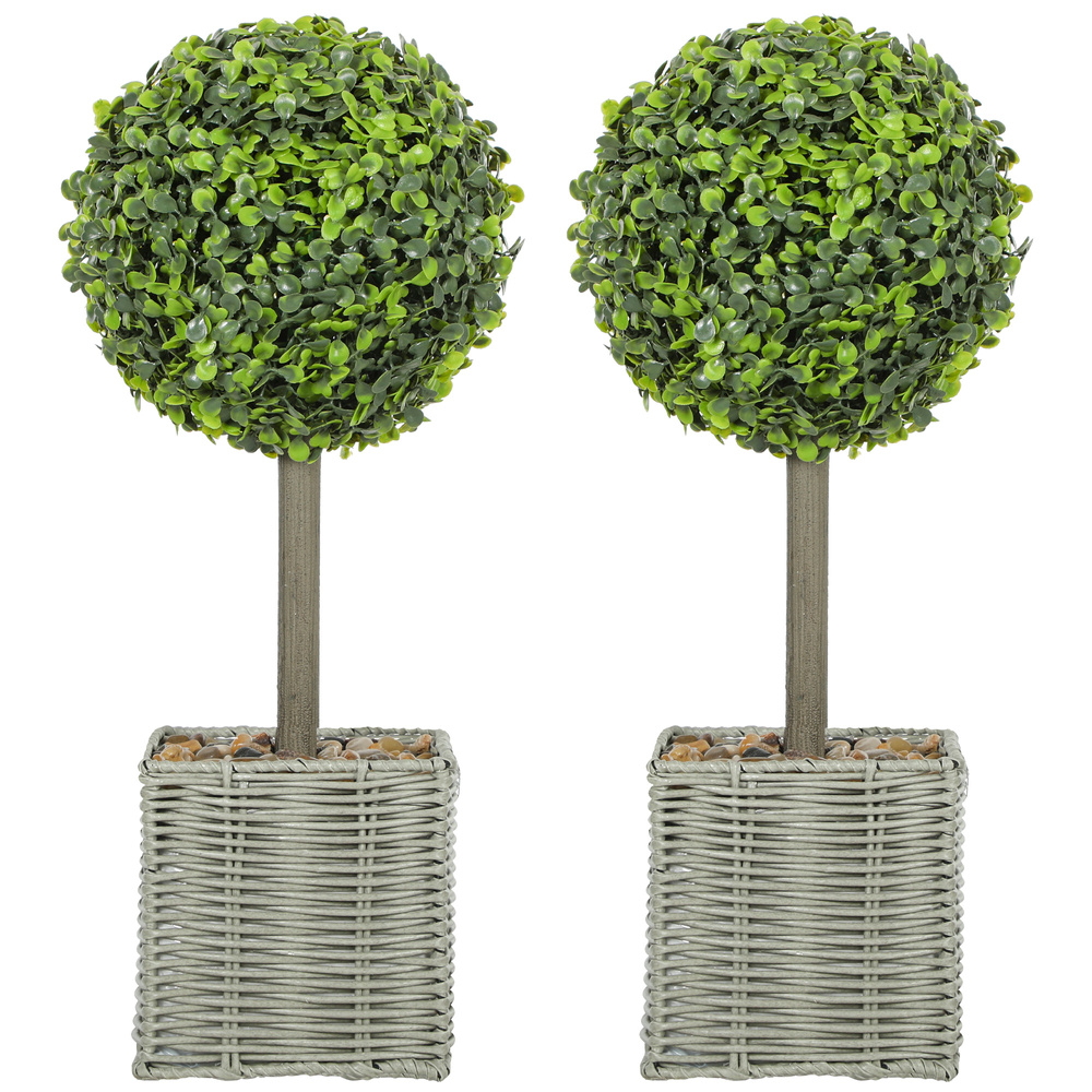 HOMCOM Set of 2 Decorative Artificial Plants, 50cm Faux Boxwood Topiary Balls with Woven Plastic Pot and Pebbles, Fake Plants for Home or Office Decor, Green