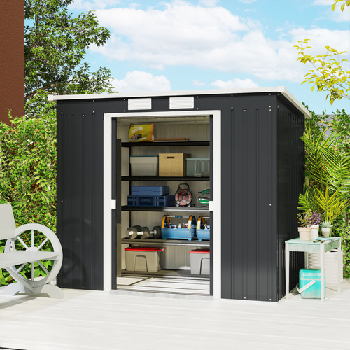 Outsunny 7 x 4ft Galvanised Steel Garden Shed, with Foundation Kit - Dark Grey