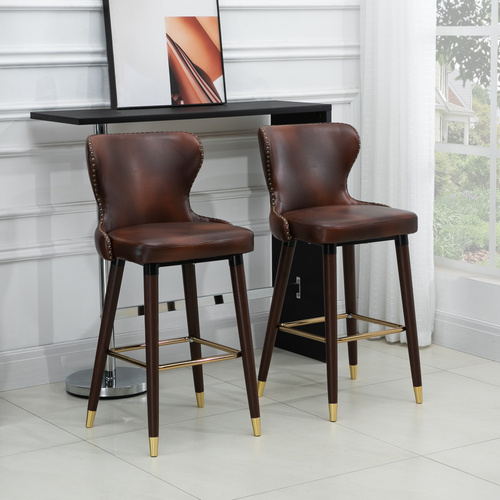 HOMCOM Bar Stools Set of 2, PU Leather Barstools with Back, Footrest and Wood Legs for Kitchen, Counter, Breakfast Bar, Brown