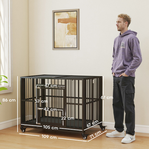 PawHut 43" Heavy Duty Dog Crate, Foldable Dog Cage, with Openable Top, Locks, Removable Tray, Wheels - Black