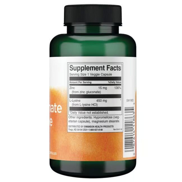 Swanson Zinc Gluconate & L-Lysine 90 Vcapsules