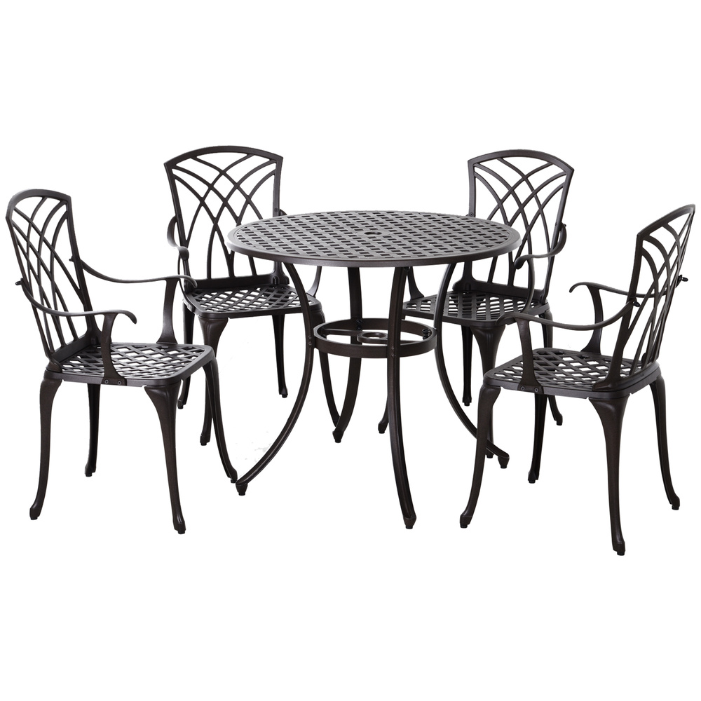 Outsunny 5 Pieces Garden Dining Set for 4, Cast Aluminium Outdoor Dining Set with 4 Armchairs and Round Dining Table with Parasol Hole, Garden Furniture Set, Brown